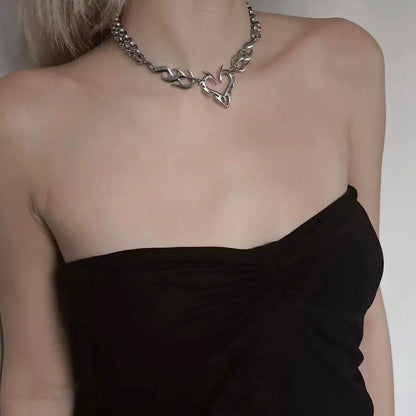 Y2K Punk Silver Flame Heart Pendant - Hip Hop Party Necklace Jewelry Gift for Women