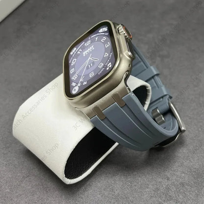 Titanium Color Metal Head Silicone Band for Apple Watch Ultra 2 – 49mm, 45/44/42mm Rubber Strap for iWatch Series 9, 8, 7, 6, 5, 4, SE, 3