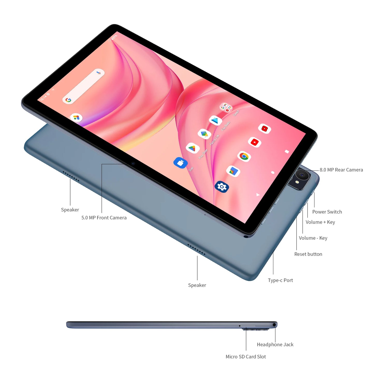 VASOUN Android 14 Tablet 10.1" — 12GB RAM, 128GB ROM, Octa-Core, Dual SIM 4G, WiFi 2.4G/5G, GPS