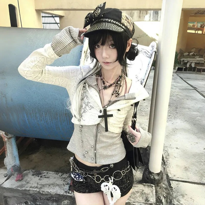 Y2K Fake Two-Piece Knitted Hooded Jacket, Vintage Harajuku Grunge Aesthetic 2000s Streetwear Top for Men & Women