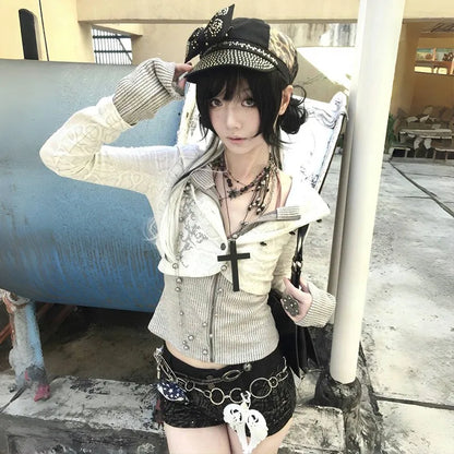 Y2K Fake Two-Piece Knitted Hooded Jacket, Vintage Harajuku Grunge Aesthetic 2000s Streetwear Top for Men & Women