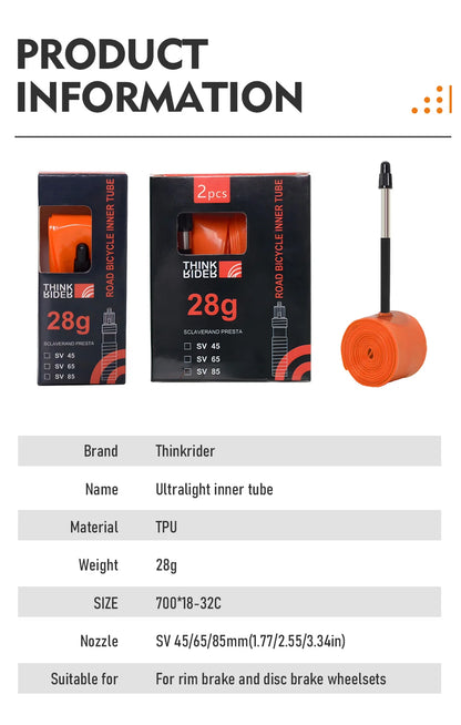 ThinkRider Ultralight 28g Bike Inner Tube — 700x18/25/28/32 TPU Road Bicycle Tire with 65mm French Valve
