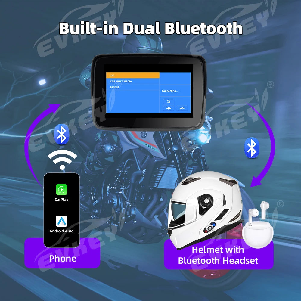 EVKEY MTC13 Motorcycle Navigation Display - Waterproof CarPlay Screen, Portable Wireless Monitor with Android Auto