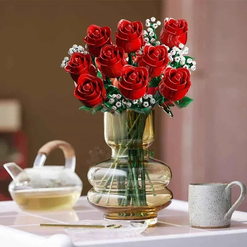 968PCS Romantic Rose Flower Bouquet Building Blocks – Creative DIY Home Desk Plant Decoration Toy for Girls & Ladies