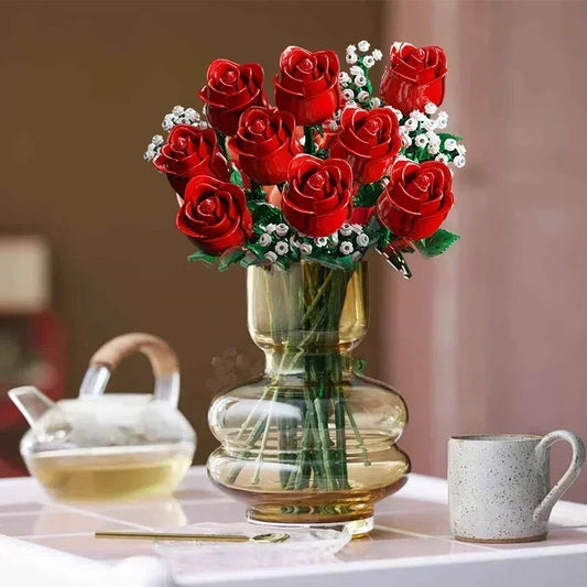Romantic Rose Flower Bouquet Building Block Set – Creative Home Desk Plant Decoration, Assemble Bricks Toy Gift for Girls & Women