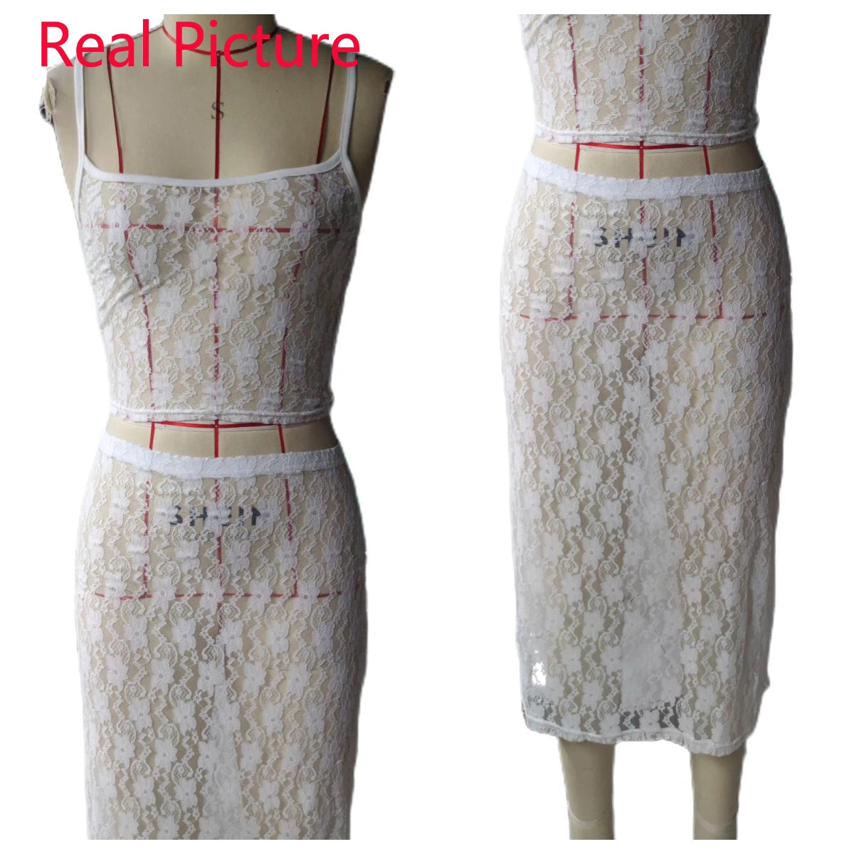 Women Y2K 2-Piece Skirt Set – Lace Flower See-Through Sleeveless Camisole & Wrapped Midi Skirt Summer Beach Outfit Suit