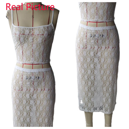 Women Y2K 2-Piece Skirt Set – Lace Flower See-Through Sleeveless Camisole & Wrapped Midi Skirt Summer Beach Outfit Suit