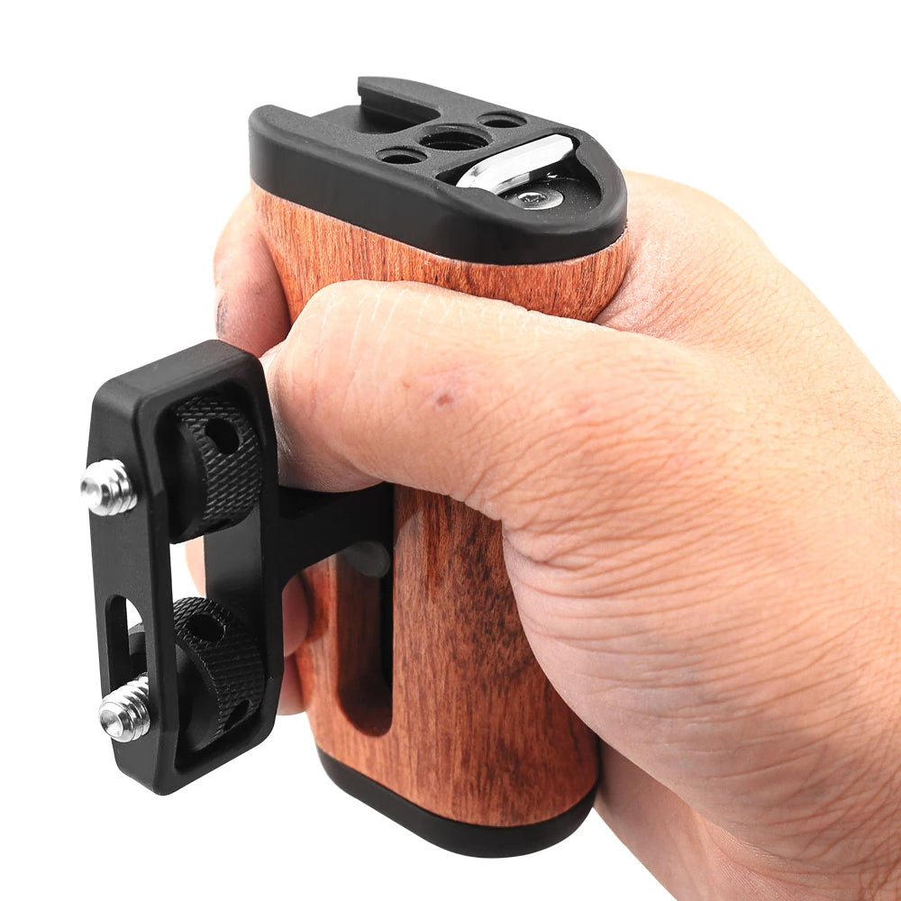 sgrium Universal Camera Cage Wooden Side Handle – Left/Right Ergonomic Grip with 1/4" Mount Threads & Cold Shoe for Sony Camera Cage Video Shooting Rig Accessories