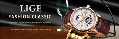 LIGE Men's Automatic Mechanical Tourbillon Watch - Waterproof Genuine Leather Military Wristwatch