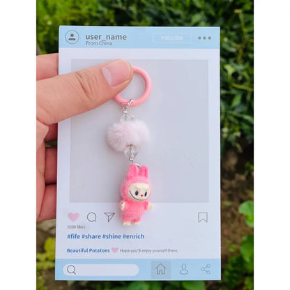 Labubu Mini Flocking Doll Keychain – Standing & Sitting Car, Bag, Phone, Backpack Charm Gift