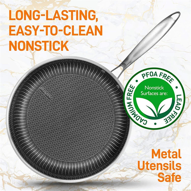 LMETJMA Stainless Steel Nonstick Frying Pan with Honeycomb Surface - Includes Lid, Compatible with Induction, Ceramic and Gas Cooktops - Model KC0480