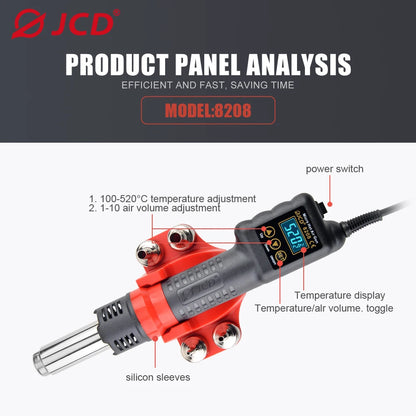 JCD Micro Hot Air Gun 8208 – 750W Soldering & Welding Rework Station, LCD Display All-in-One Heat Gun for BGA & IC Soldering