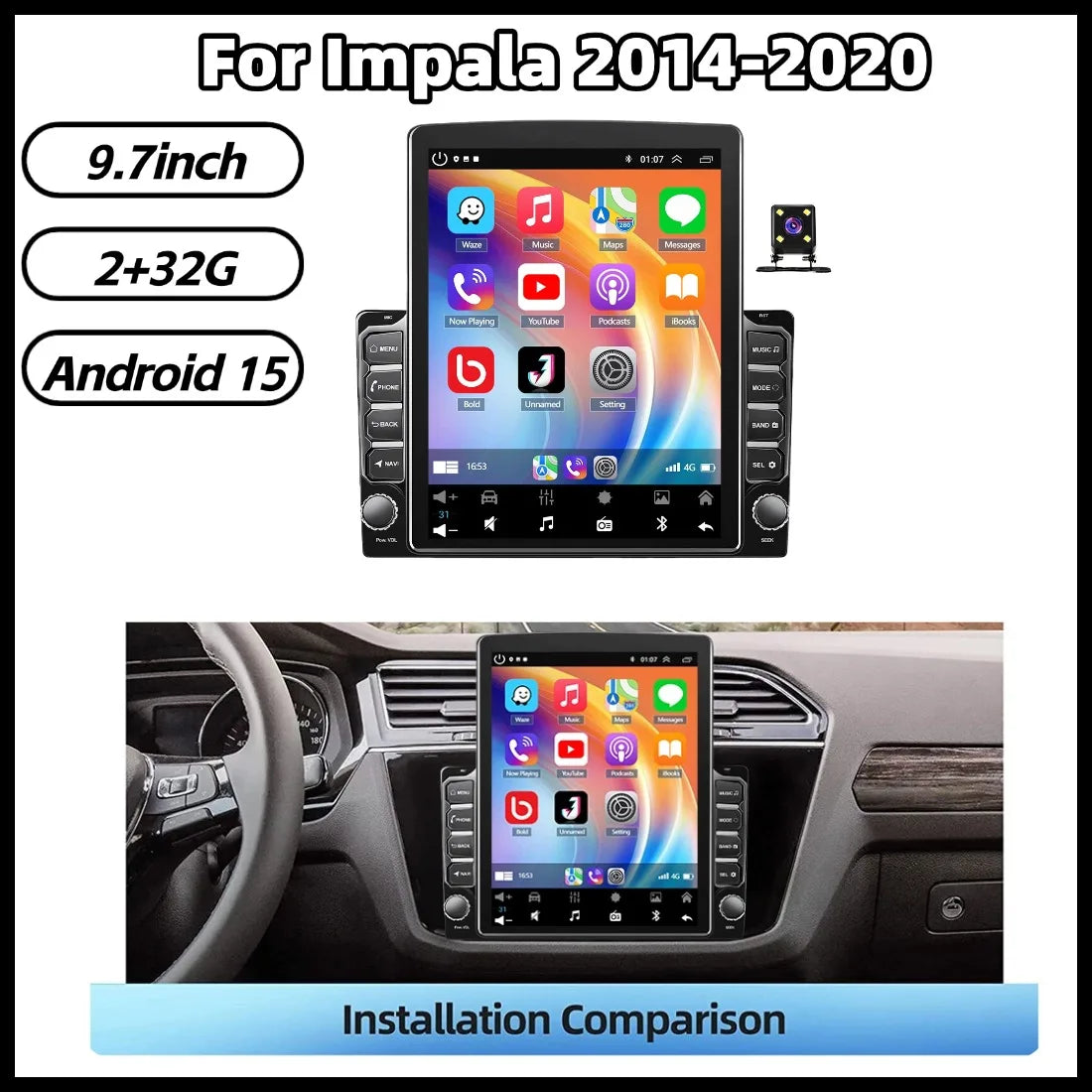 9.7" Double-DIN Car Stereo - GPS Navigation Head Unit with Wireless CarPlay & Bluetooth for Chevrolet Impala 2014-2020