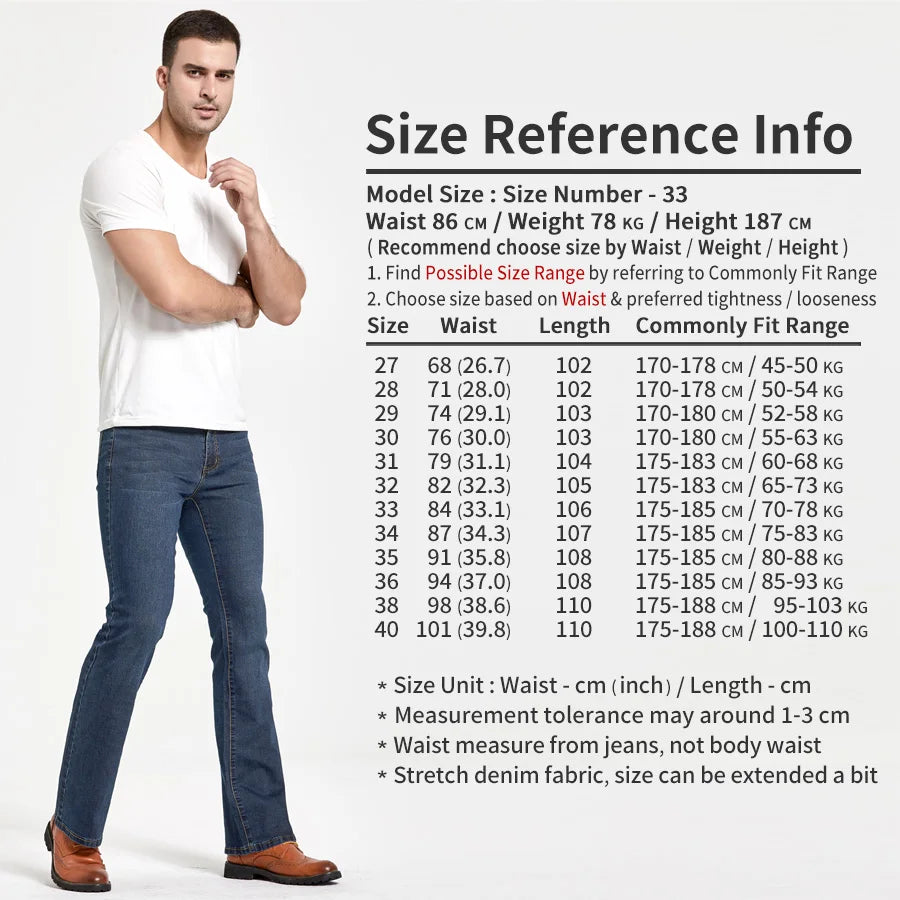 Men’s Bootcut Jeans — Slim Fit Stretch Denim Pants Slightly Flared Classic Designer Trousers Blue Black