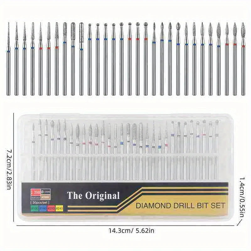 30Pcs Diamond Nail Drill Bit Set - Rotary Electric Milling Cutters for Pedicure, Manicure, Cuticle Burr & Nail Tools Accessories