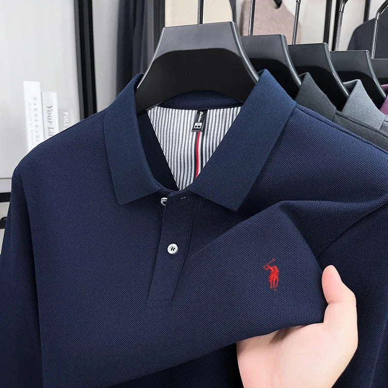 Men's 100% Cotton Long Sleeve Polo Shirt - Embroidered Business Casual Fashion Polo