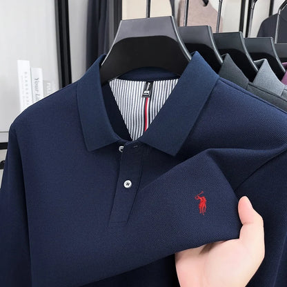 Men's 100% Cotton Long Sleeve Polo Shirt - Embroidered Business Casual Fashion Polo