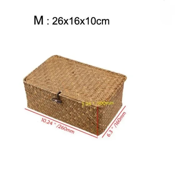Handmade Seagrass Woven Storage Box with Lid - Seaweed Finishing Basket for Sundries, Bath Cosmetics, and Towels, Model MX01161829
