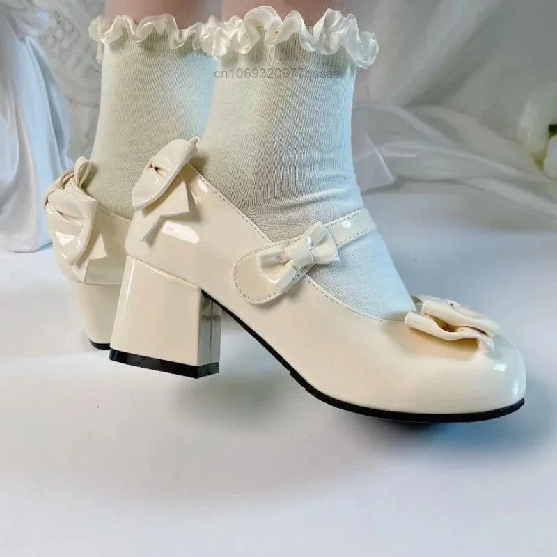 2024 Lolita Style Round Toe Mary Jane Pumps – Cute Bow Midi Heels for Women, Sweet Party PU Shoes
