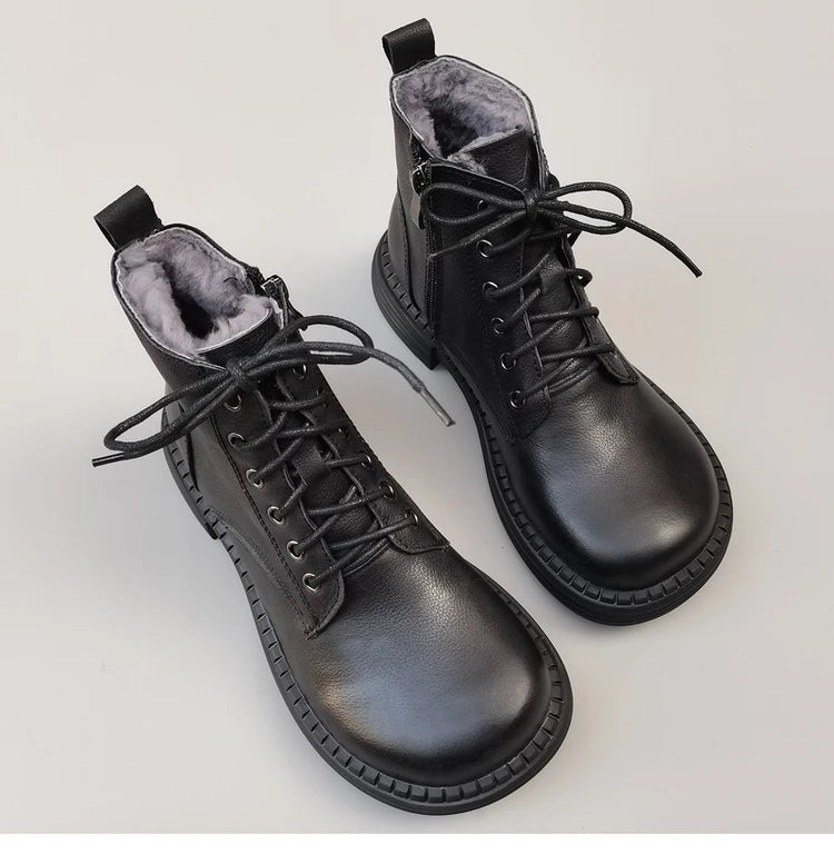 Careaymade 100% Genuine Leather Wide Casual Women’s Short Boots – Big Size, Handmade Men’s Wool Boots