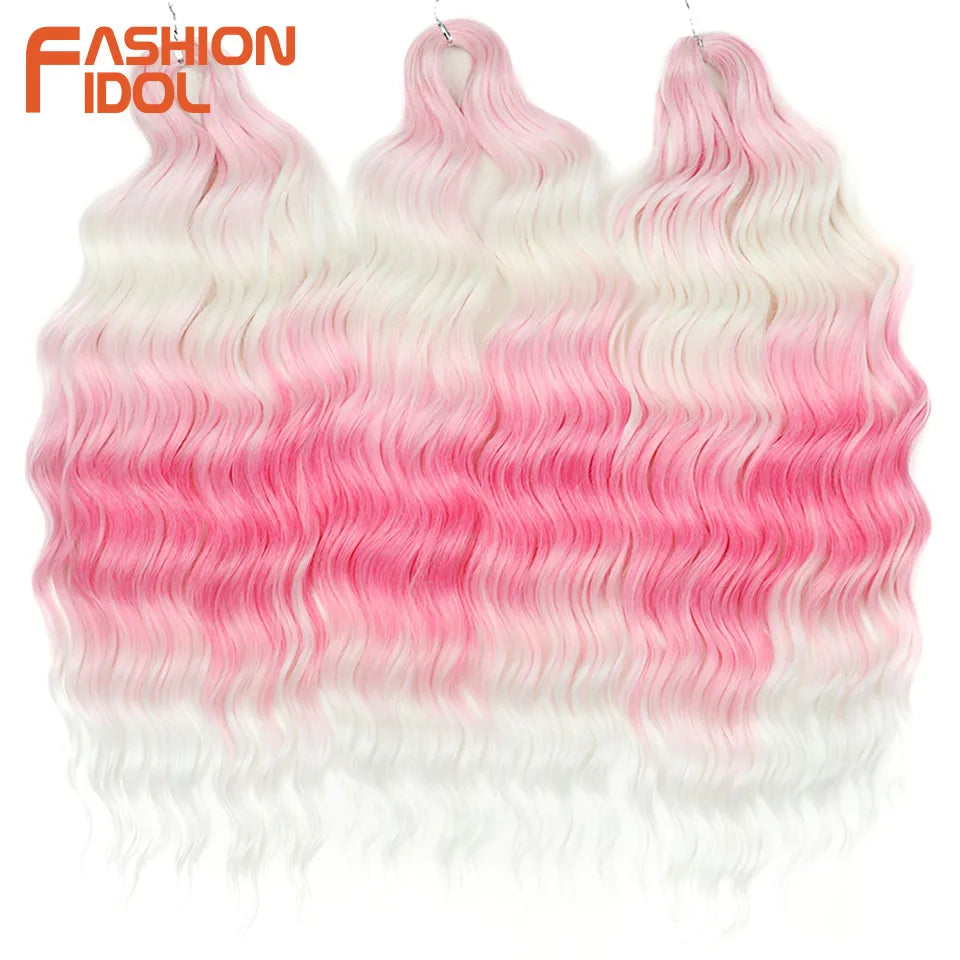 FASHION IDOL 24" Deep Wave Crochet Hair - 3-Piece Synthetic Water Wave Braiding Extensions, Ombre Rainbow Twist Hair