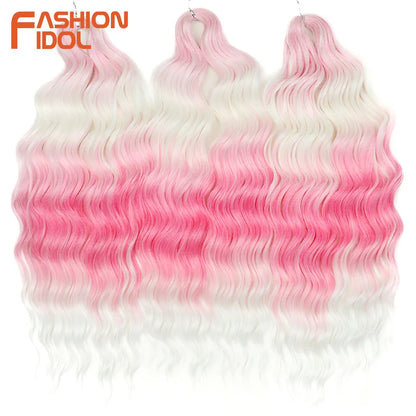 FASHION IDOL 24" Deep Wave Crochet Hair - 3-Piece Synthetic Water Wave Braiding Extensions, Ombre Rainbow Twist Hair