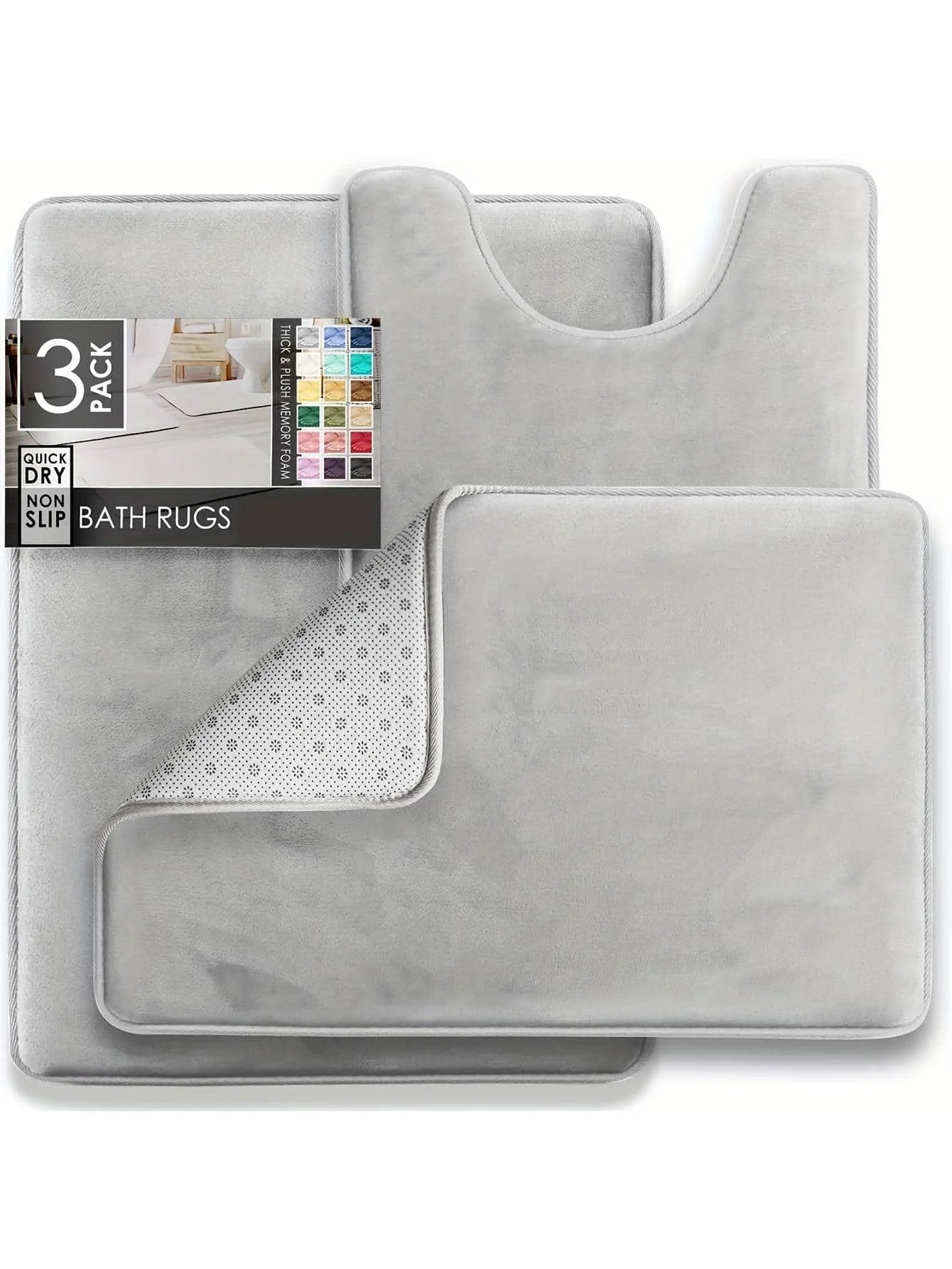 3PC Velvet Memory Foam Bathroom Rug Set - Ultra Soft, Non-Slip, Quick-Dry Machine Washable Bath Mats