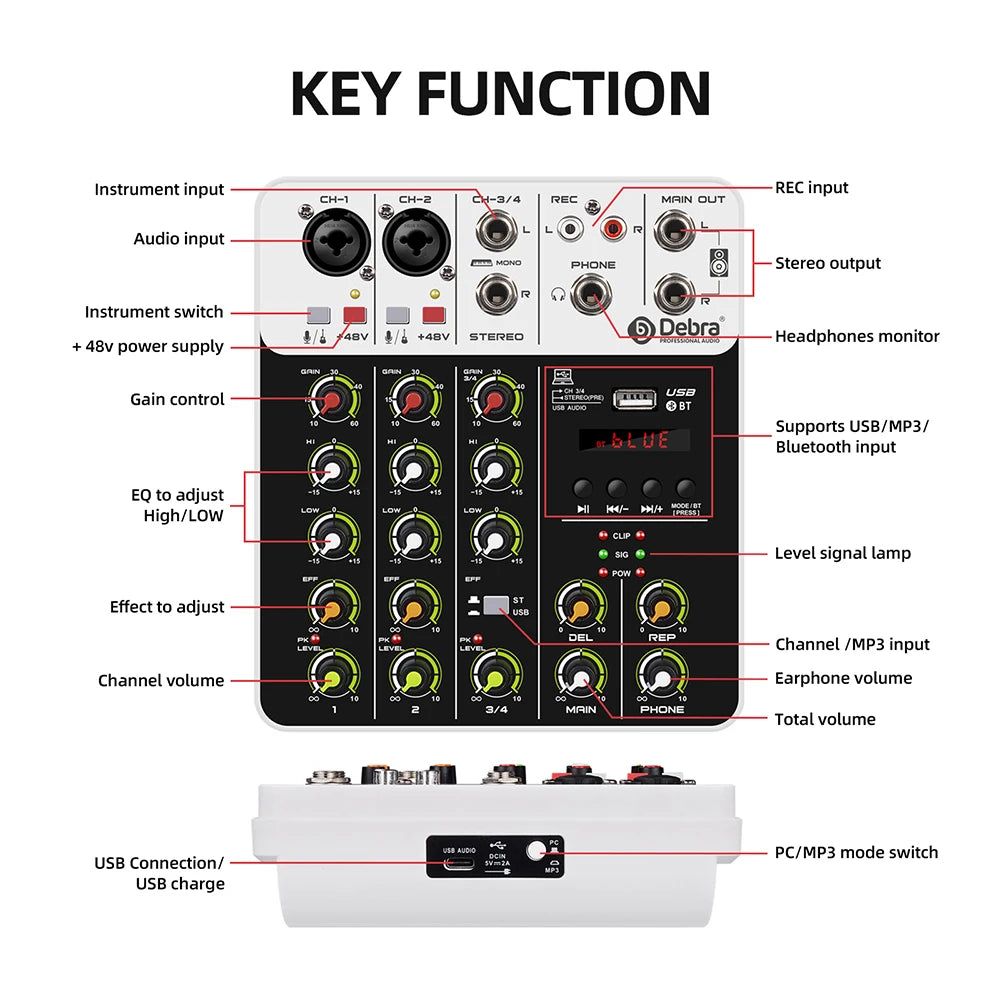 Debra V8 8-Channel Audio Mixer – Bluetooth & USB Mixer with 48V Phantom Power, Delay/Repeat Effects for PC Recording & Sound Console