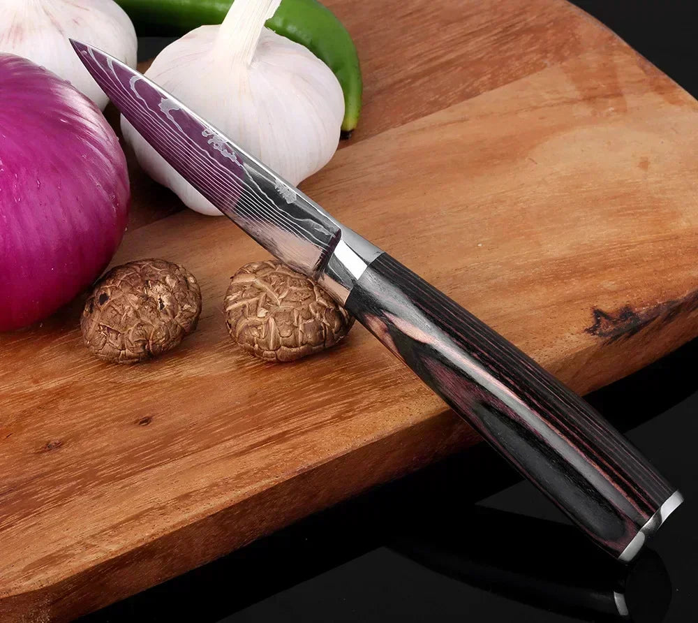 Laser Damascus Kitchen Knife Set – Cleaver, Meat, Fruit, Bread, Boning Knife and Chicken Scissors for Barbecue and Home Cooking