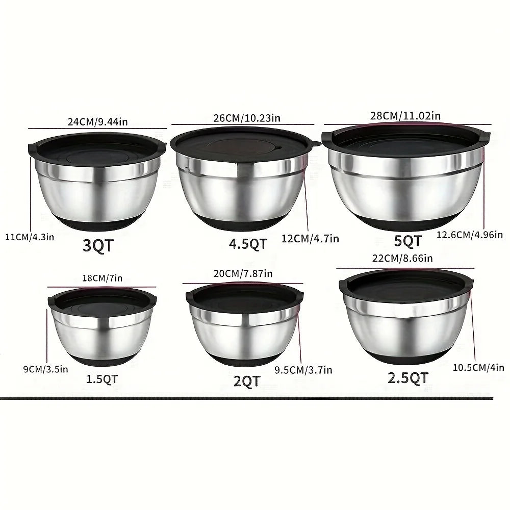 17pcs Stainless Steel Mixing Bowl Set with Lids and Grater Attachment – Non-Slip Kitchen Gadget for Mixing and Serving