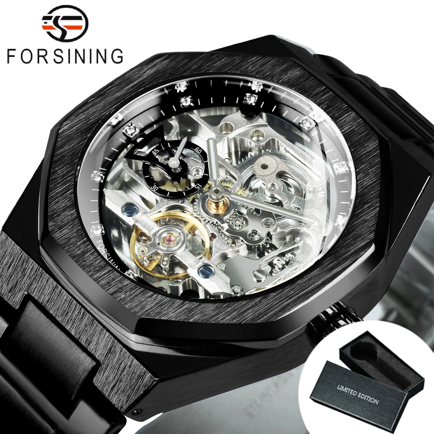 Forsining Men’s Automatic Mechanical Watch – Luminous Hands, Stainless Steel Strap, Luxury Skeleton Fashion Watch