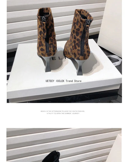 Leopard Print Women’s Ankle Boots – Fashionable High Heel Short Booties, Elegant Dancing & Party Prom Shoes
