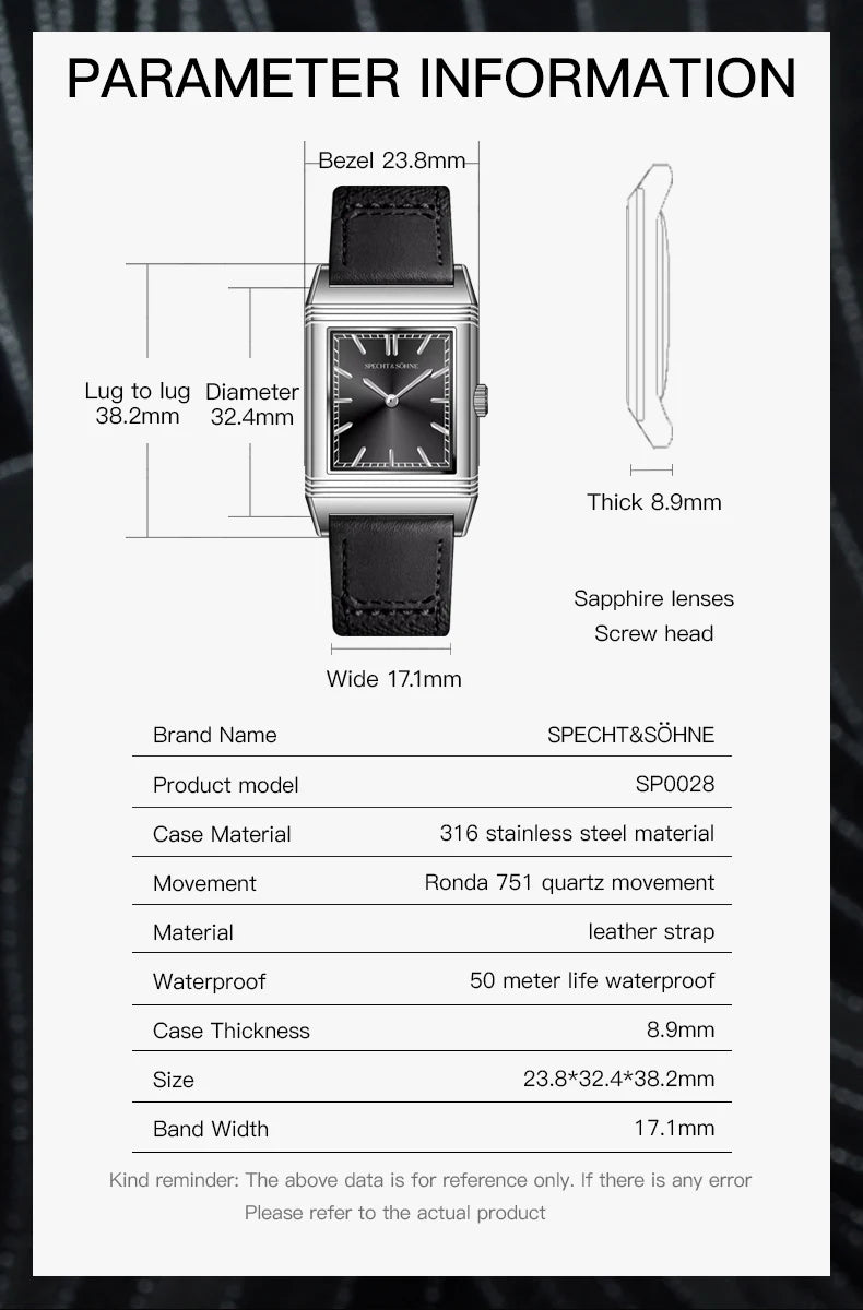 2025 Specht & Söhne Men’s Quartz Watch — 24MM 316L Stainless Steel, Sapphire Crystal, Waterproof Wristwatch