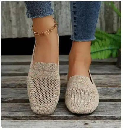 Solid Color Square Toe Mesh Loafers – Women’s Casual Slip-On Ballet Flats, Soft Bottom Knit Boat Shoes