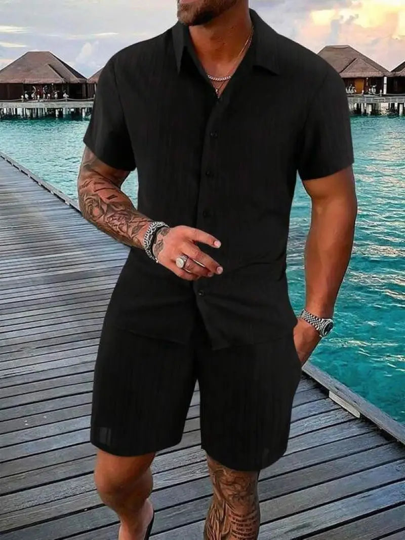 Men's Striped Jacquard Beach Shirt & Shorts Set — Spring Summer Casual Loose Fit, Europe & US Style