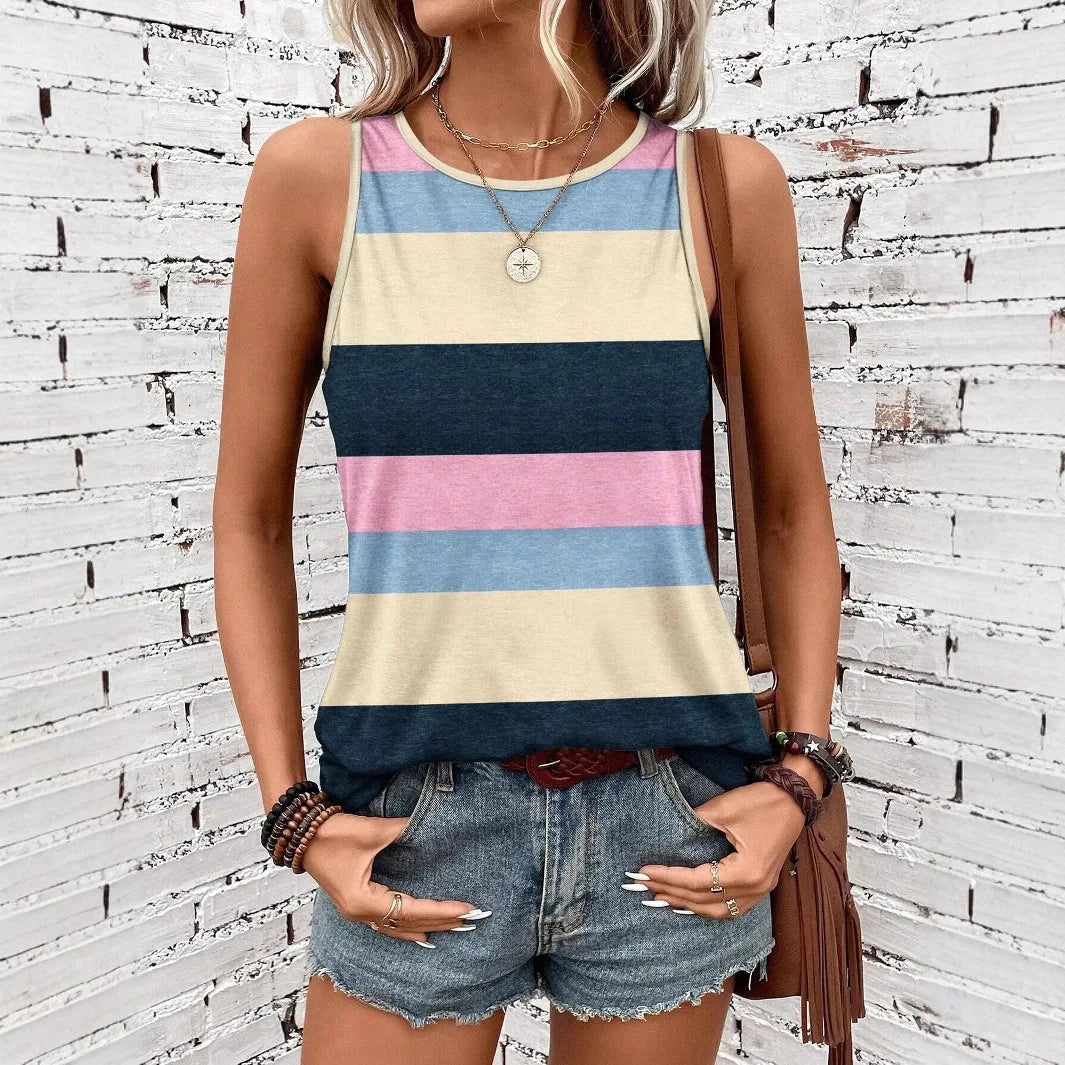 Women’s Fashion Stripe 3D Print Tank Top – Summer Casual O-Neck Off-Shoulder Y2K Sleeveless Camisole Vest