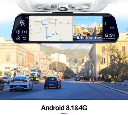 E-ACE 10'' 4G Android Dash Cam – FHD 1080P Dual Lens Rearview Mirror DVR with ADAS & Streaming