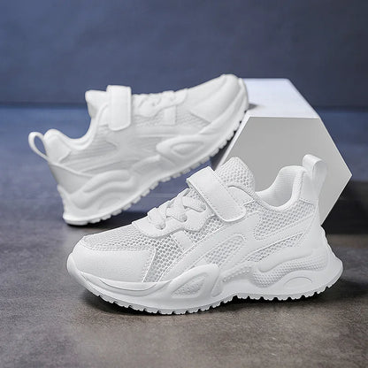 White Kids Leather Casual Shoes — Boys & Girls Outdoor Running Sneakers, Breathable Mesh, Non-Slip School Walking Sport Shoes