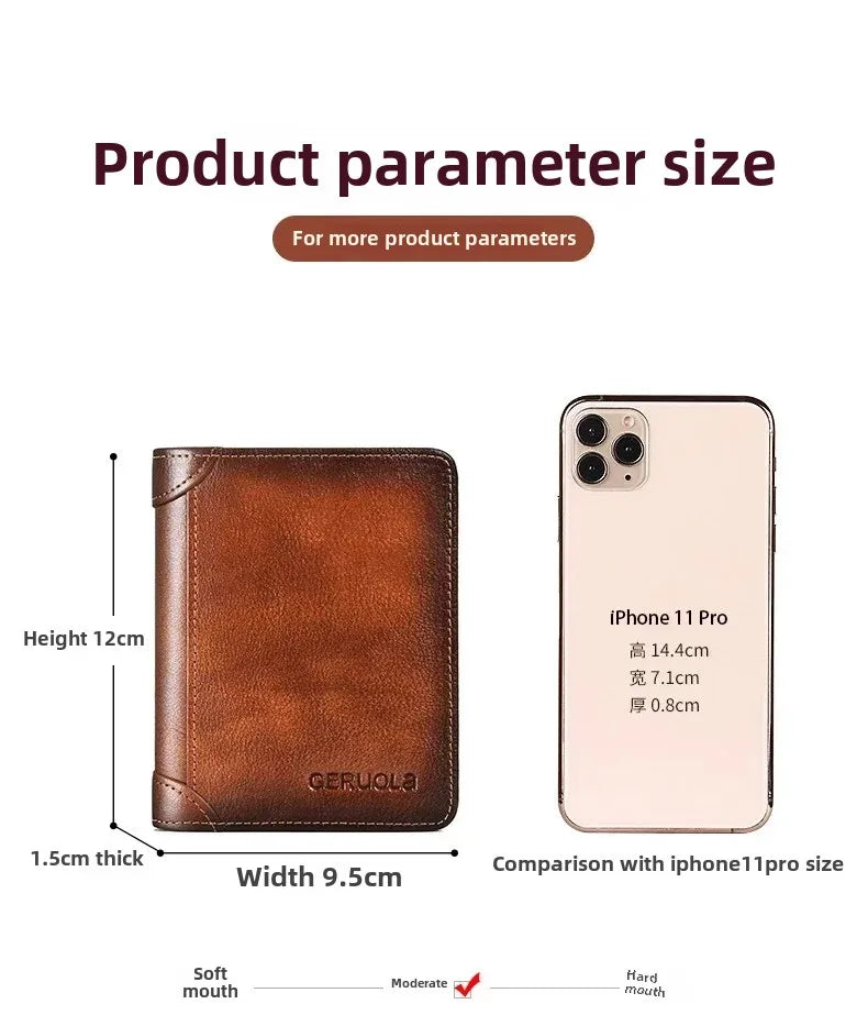 Genuine Leather Men’s Wallet – RFID Blocking Trifold, Vintage Thin ID & Credit Card Holder, Multi-Function Purse