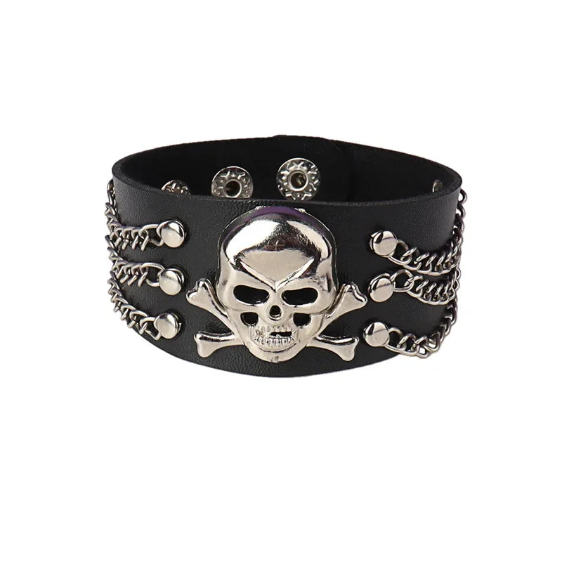 Punk Rock Hip Hop PU Leather Bracelet – Unisex Skull, Pentagram & Rivet Chain Bracelet, Trendy Party Jewelry Accessory