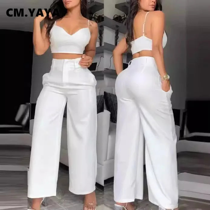 CM.YAYA Women’s 2-Piece Set – Spaghetti Strap V-Neck Crop Top & Wide Leg Pants, Party Tracksuit 2024