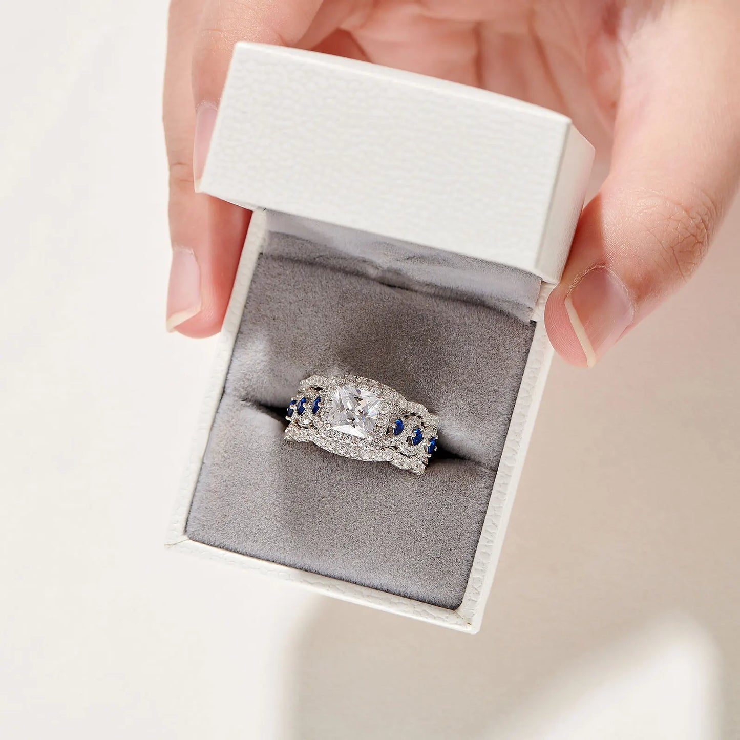 Newshe 3-Piece Women’s Wedding Ring Set – 925 Silver 2.6Ct Princess Cut White & Blue CZ Bridal Jewelry
