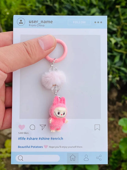 Labubu Mini Flocking Doll Keychain – Standing & Sitting Car, Bag, Phone, Backpack Charm Gift