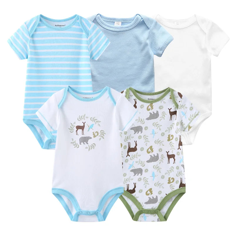 5PCS Newborn Baby Bodysuit Set - Soft Cotton Unisex Baby Clothes with Cartoon Print for Boys & Girls