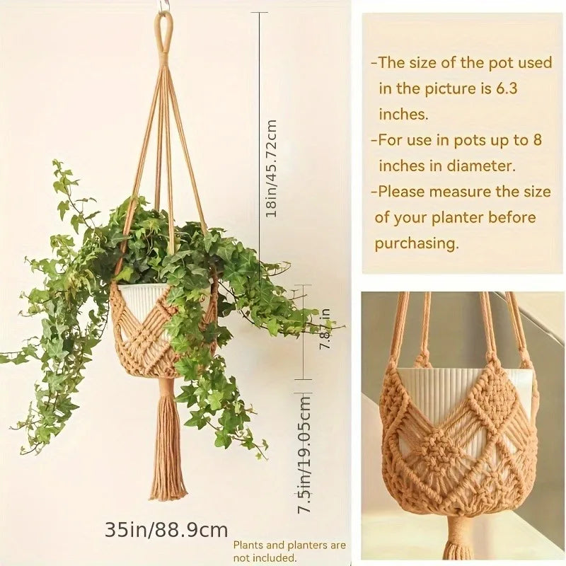 Boho Macrame Plant Hanger – Cotton Rope Woven Basket with Net Pouch for Indoor & Outdoor Hanging Succulents