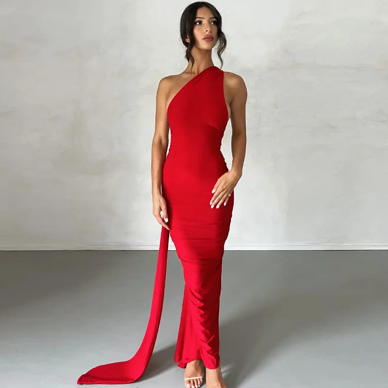 Hugcitar One Shoulder Backless Maxi Dress for Women – Adjustable Scarf Ruched Sexy Elegant Y2K Festival & Streetwear Party Outfit