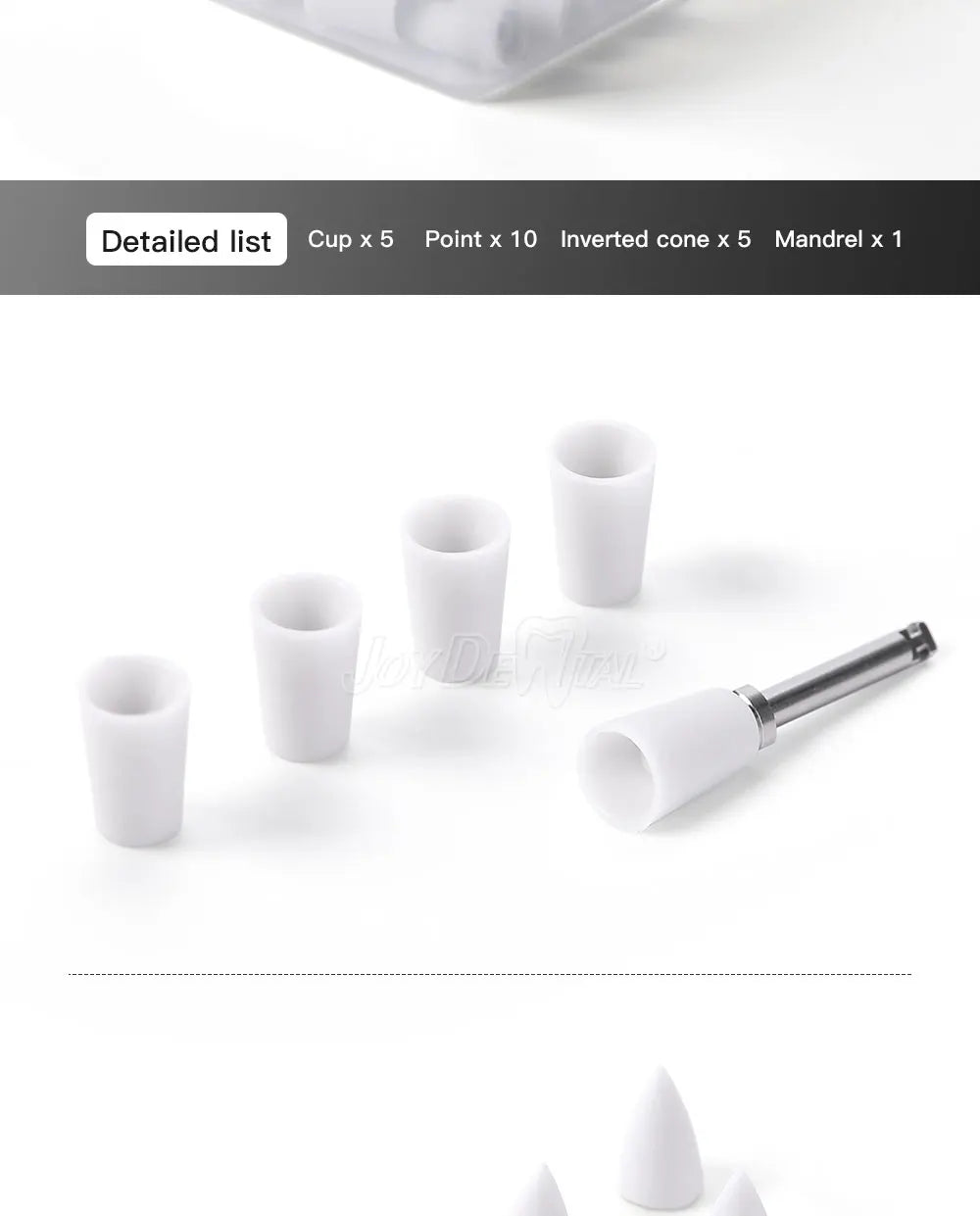 JoyDental 20pcs Dental Silicone Composite Polishers – 3 Shapes (Cup, Inverted Cone, Point) 2.35mm for Finishing & Polishing