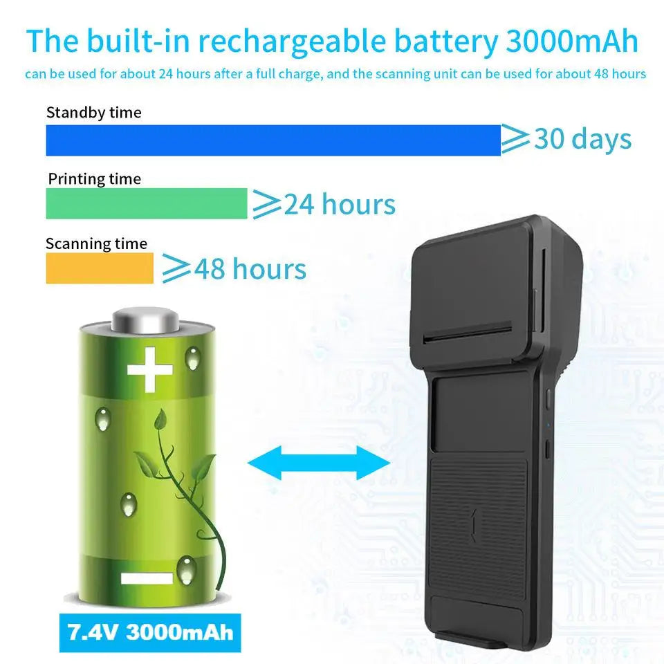 58mm Thermal Printer & 2D Bluetooth Scanner - 2-in-1 Mobile Back Clip with 7.4V 3000mAh Battery