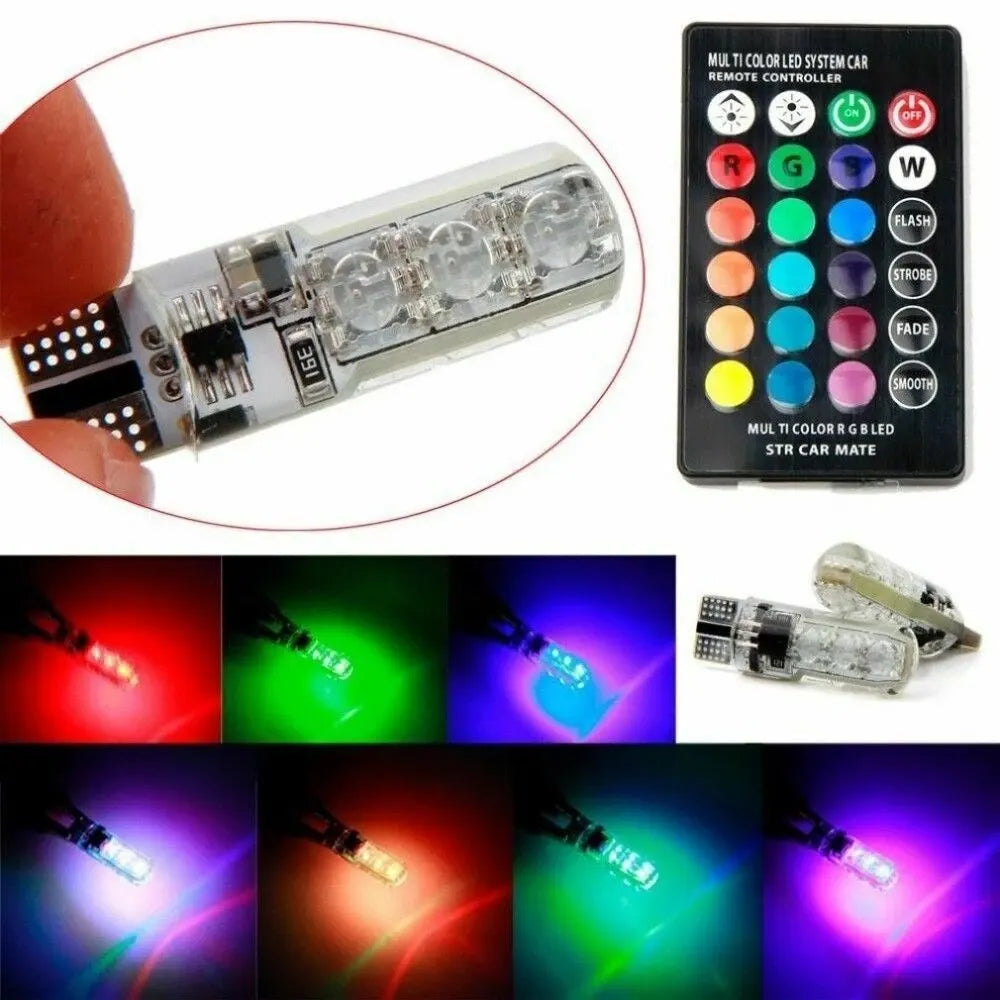 1SET T10 W5W RGB LED Bulb 12SMD 5050 CANbus - 194 168 Car Wedge Light with Remote Controller, Flash Reading, Clearance Lights