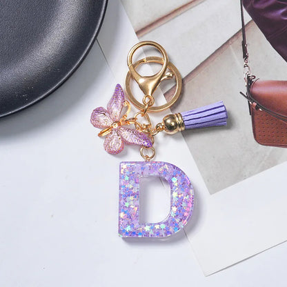 A-Z Initial Letter Sequin Keychain - Purple Butterfly Tassel Resin Keyring Backpack Charm Gift